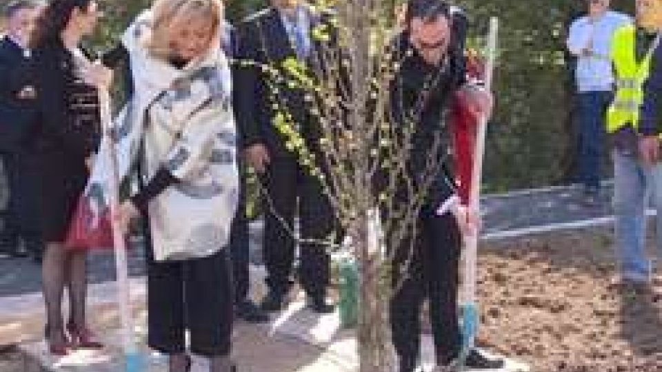 I Capitani Reggenti Lorella Stefanelli e Nicola Renzi concludono la piantumazioneLa Reggenza pianta un albero in memoria dei Giusti all'Ospedale di Stato
