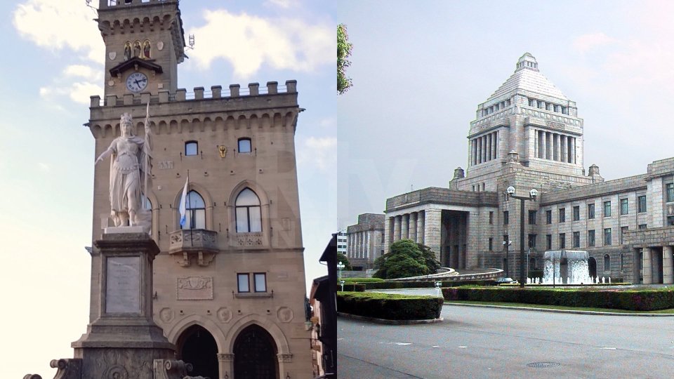 Palazzo Pubblico a San Marino e Palazzo della Dieta Nazionale a Tokyo