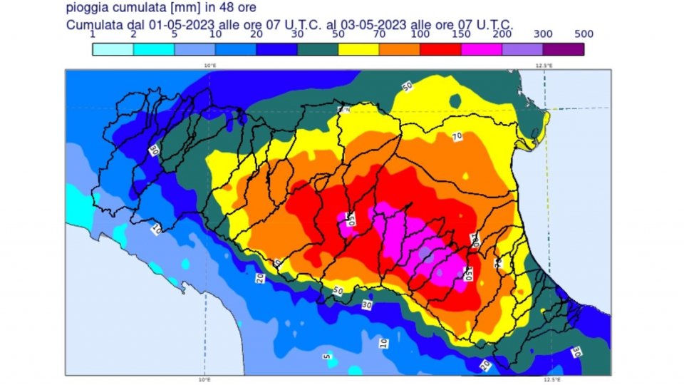 Nella mappa gli accumuli di pioggia in regione dal primo maggio a cura di ARPAE