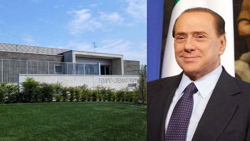 A sinistra il Tempio Crematorio Valenzano Panta Rei. A destra Silvio Berlusconi