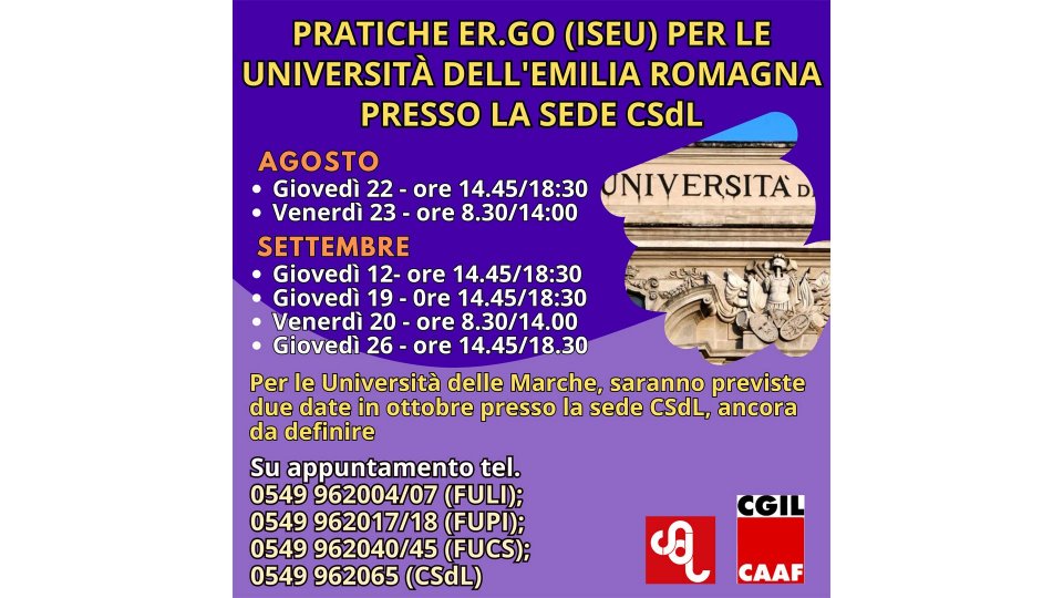 Iniziano dal 22 agosto le pratiche ER.GO (ISEU) per le Università dell'Emilia Romagna presso la sede CSdL