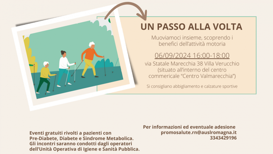 “Un passo alla volta”: venerdì 6 settembre a Villa Verucchio evento gratuito di promozione della salute sui benefici dell’attività fisica