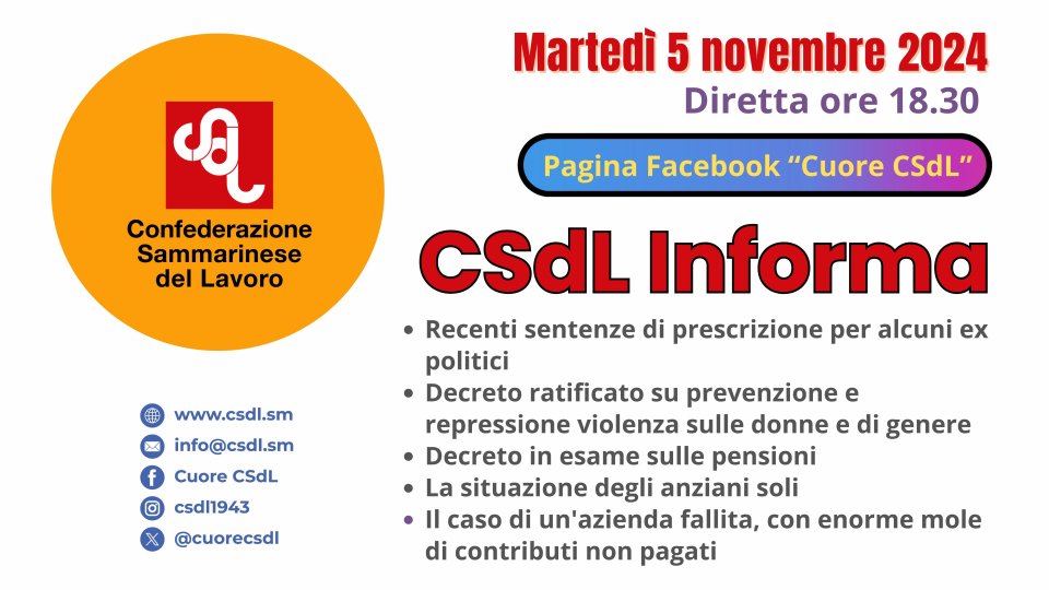 Sentenza di assoluzione e prescrizione per alcuni ex politici, tra gli argomenti di "CSdL Informa" di domani