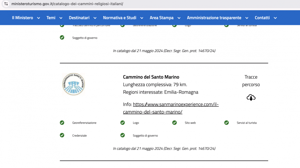 Il Cammino del Santo Marino nel catalogo dei Cammini religiosi del Ministero del Turismo italiano